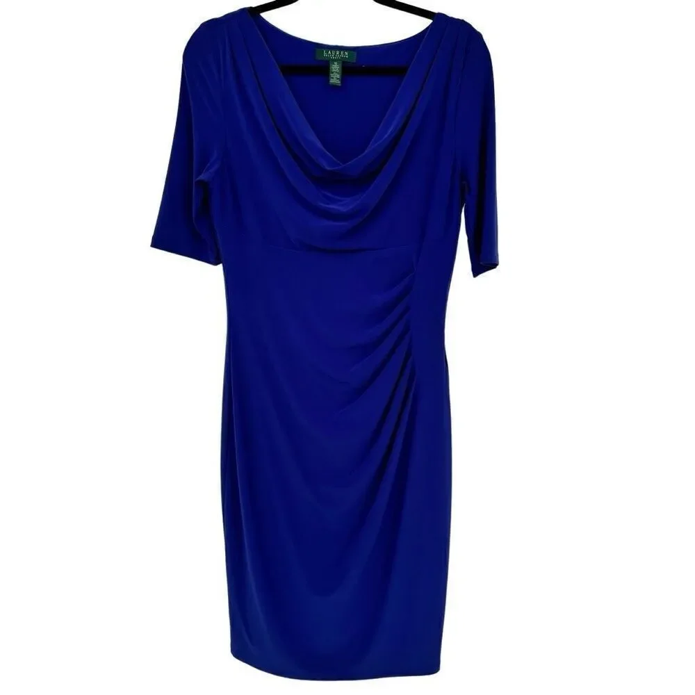Ralph Lauren Sapphire Blue Cowl Neck‎ Sheath Dress Blue Size 10 - Picture 3 of 9